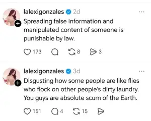 Defense tweets of Lexi Gonzales Ex Girlfriend of Gil Cuerva on Big 4 Scandal